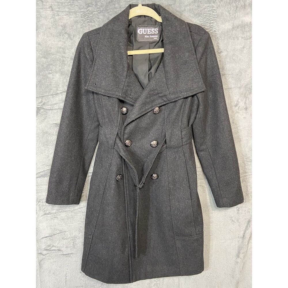 Guess Womens Black Wool Button Down Academia Pea Coat Jacket Y2K Belted Sz Sm